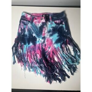 JC & JQ Denim Shorts Womens Medium Pink Blue Tie Dye Fringe Distressed GS2309-KO